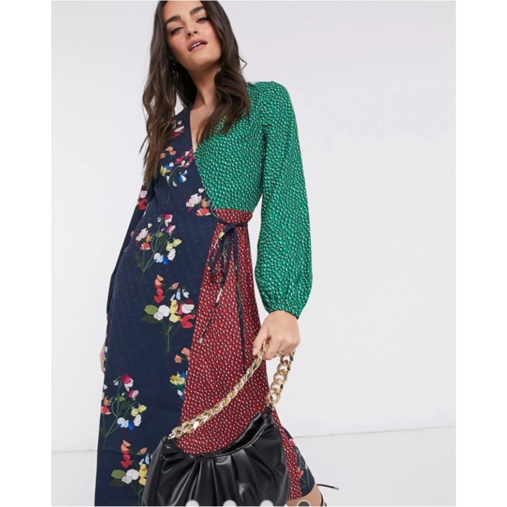 TED BAKER TALISA PEPPERMINT MASH UP MIDI WRAP DRESS SZ US 4 OR TED SZ 1